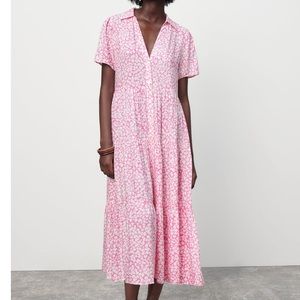 Zara tired pink print dress with short sleeve